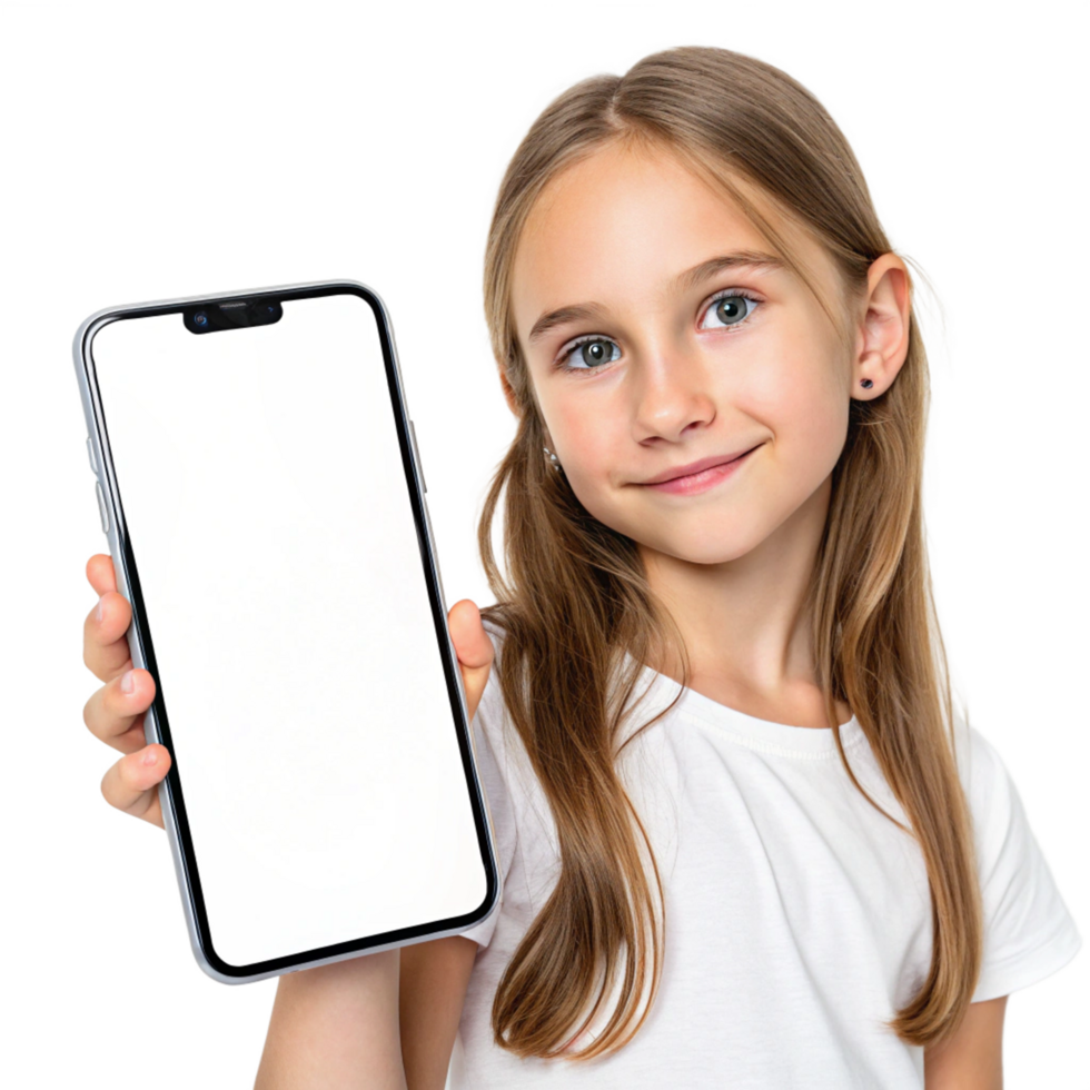 Girl holding mobile mockup isolated on transparent background png