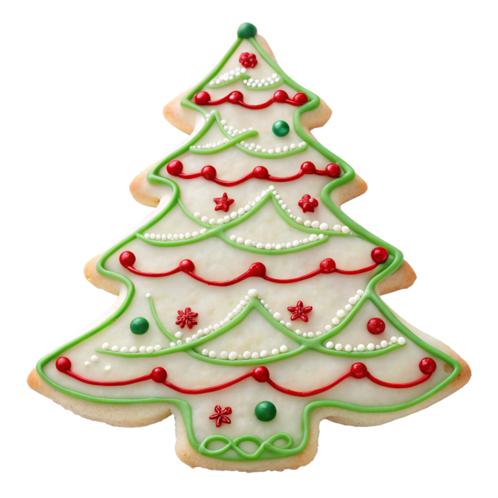 A decorated Christmas tree cookie is shown on a transporent background png