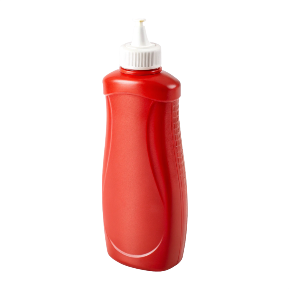Red plastic ketchup bottle with no label, featuring a squeeze tip for easy dispensing, commonly used in kitchens and restaurants. png