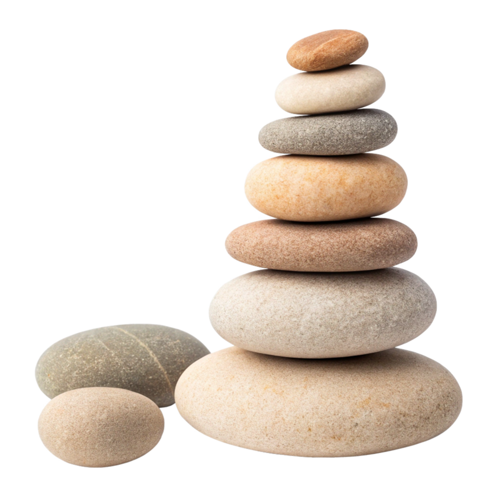 Natural stacked smooth stones in a balanced arrangement, ideal for meditation and decorative purposes. png