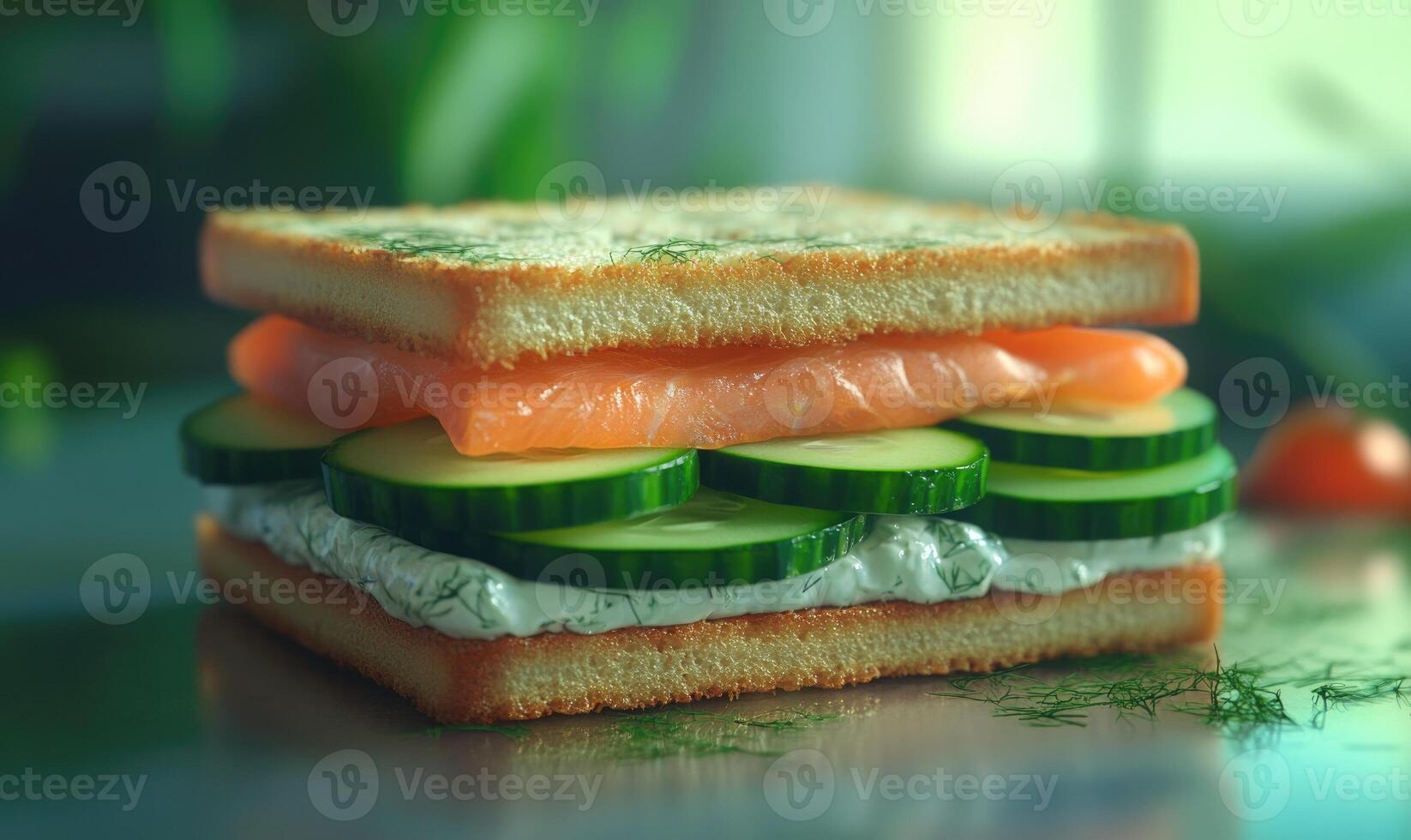 A sandwich with cucumbers and salmon photo