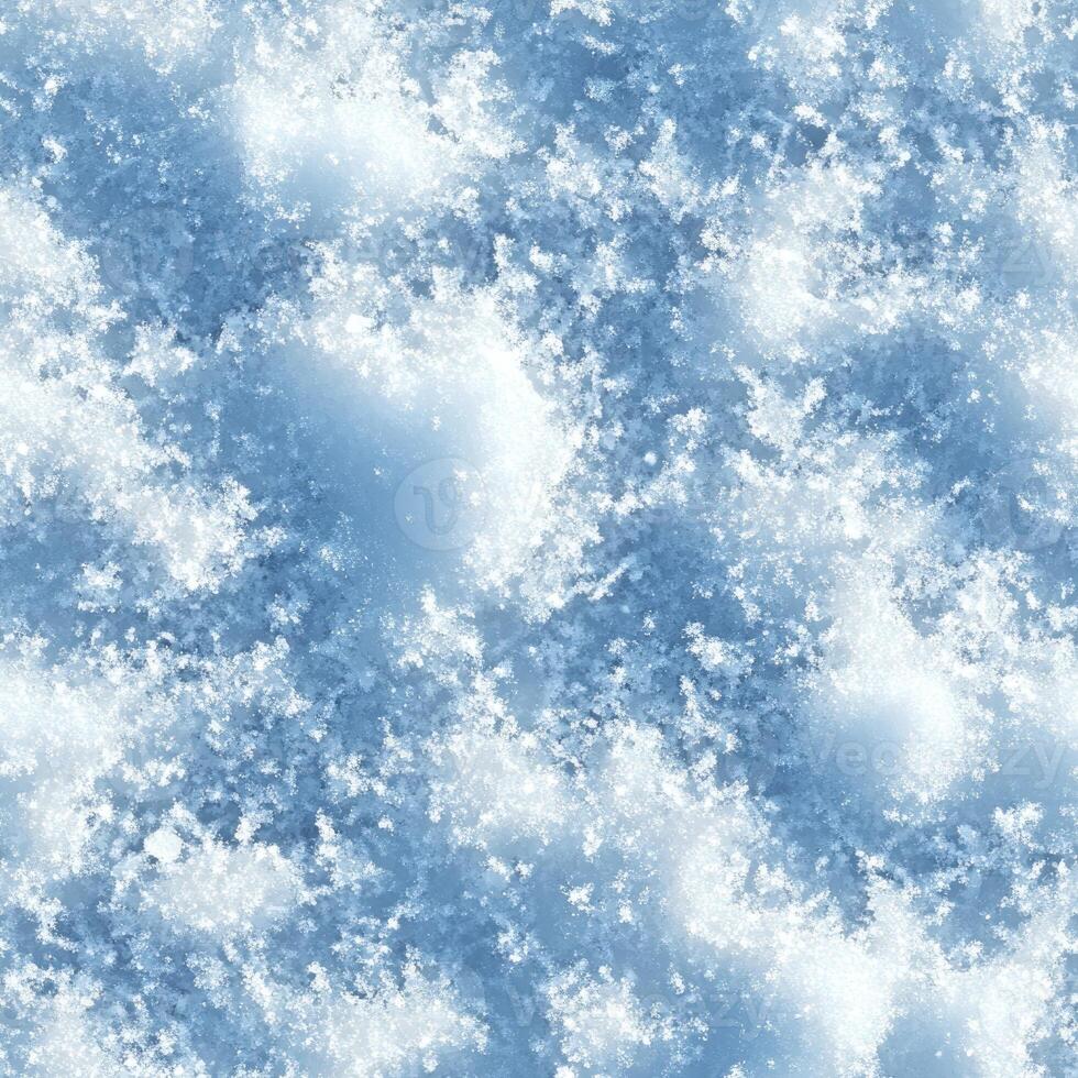 Top view photo of snow with delicate crystalline patterns, seamless texture