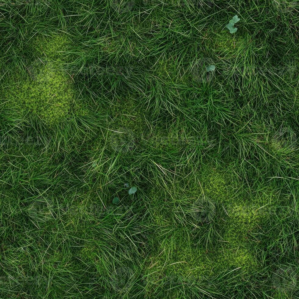 Top view photo of vibrant green grass with a small patch of moss, seamless texture