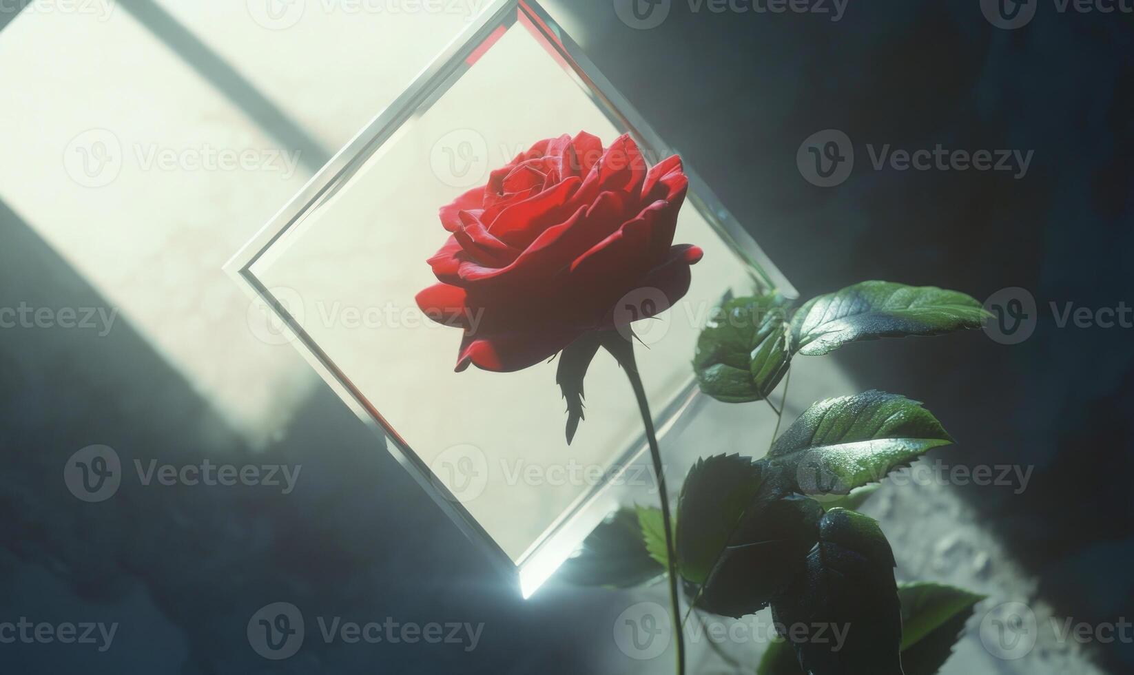 A red rose is in a glass box photo