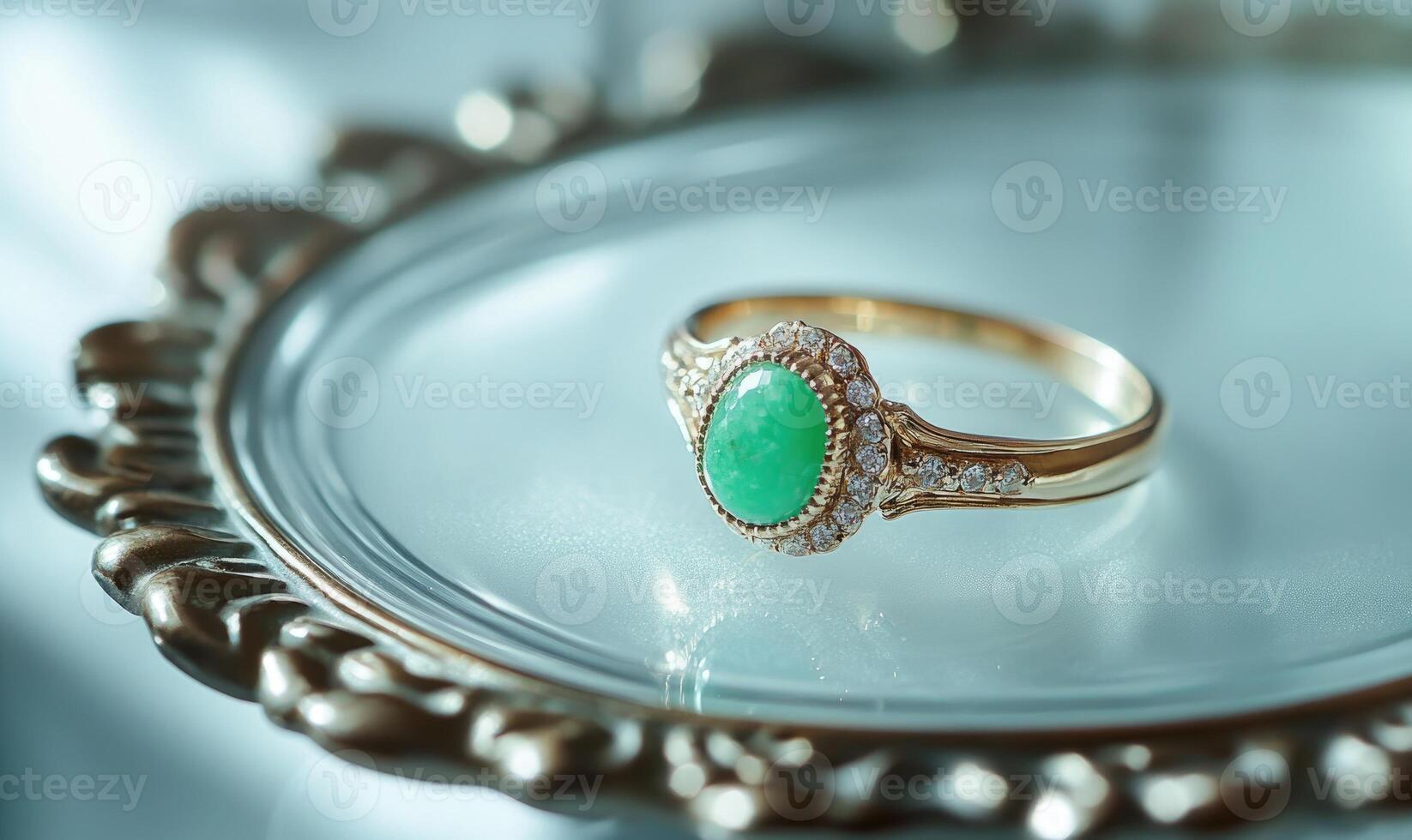 A green and white ring with diamonds on it photo