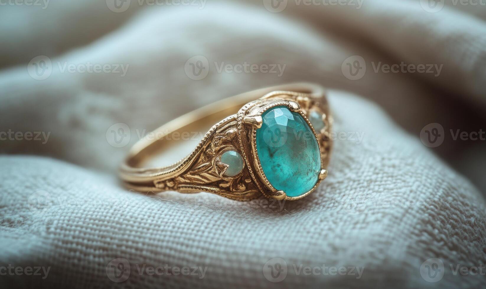 A gold and blue ring with a green stone in the middle photo