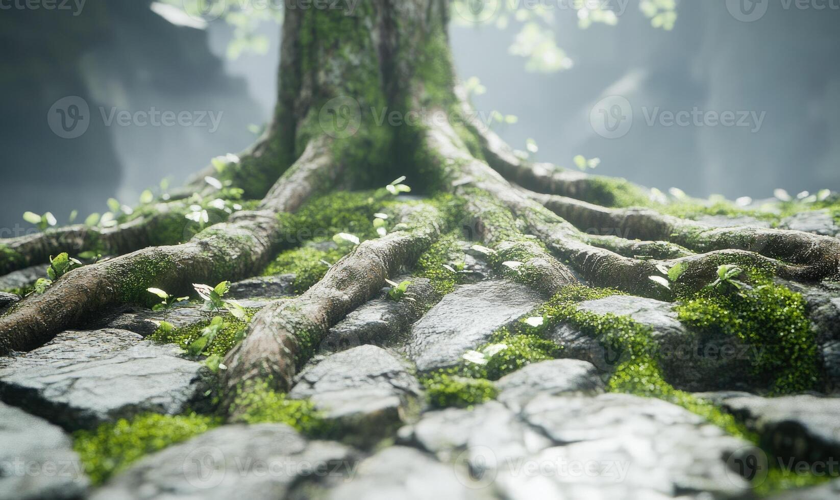 A tree root is growing out of a rock photo