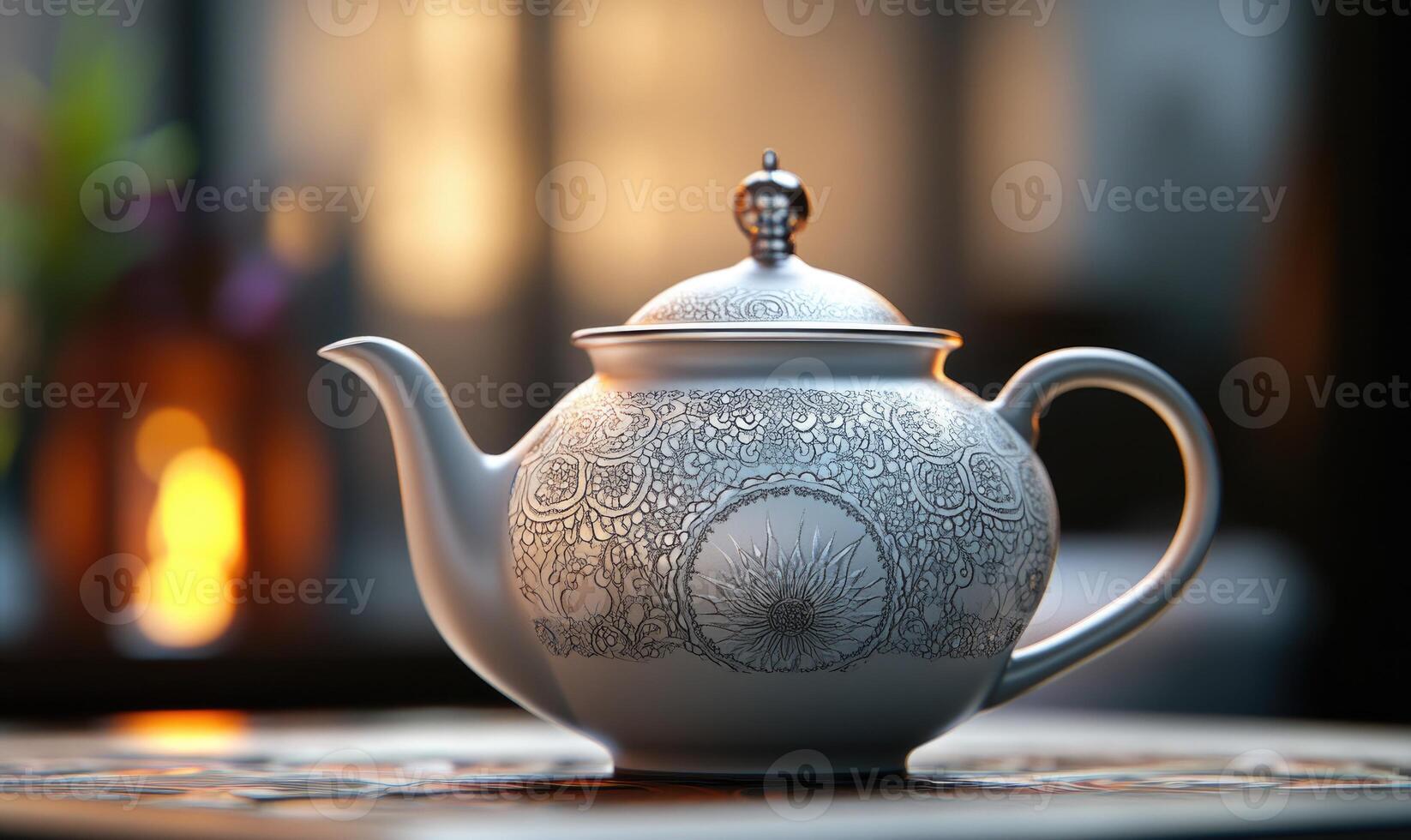 A silver tea pot with a gold rim sits on a table photo