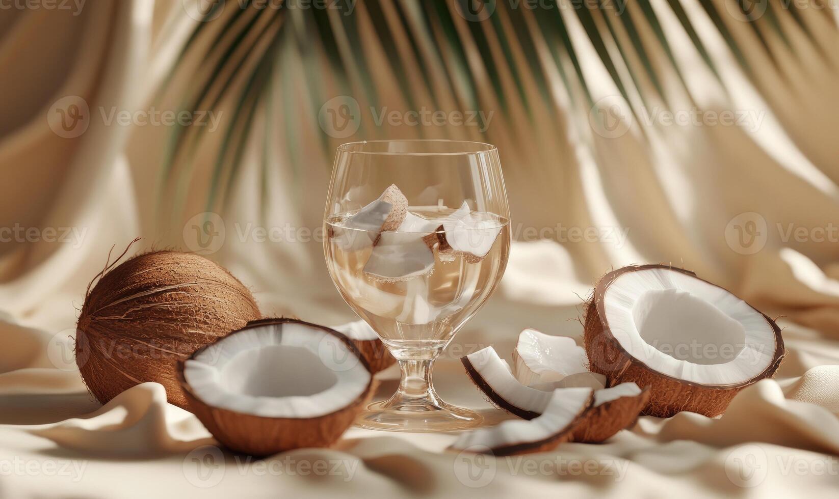 A glass of coconut water with a piece of coconut on the side photo