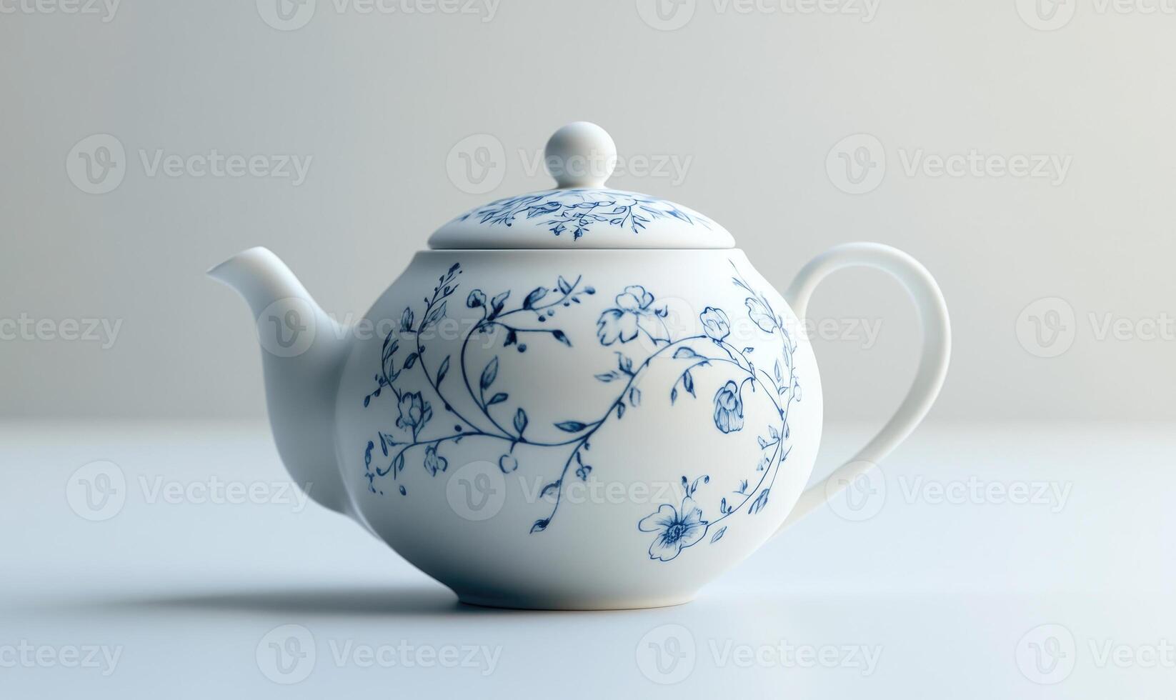 A blue and white tea pot with flowers on it photo