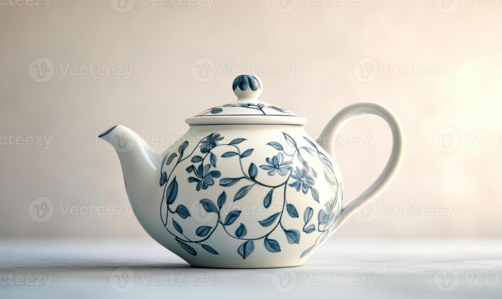 A white and blue tea pot with a floral design photo
