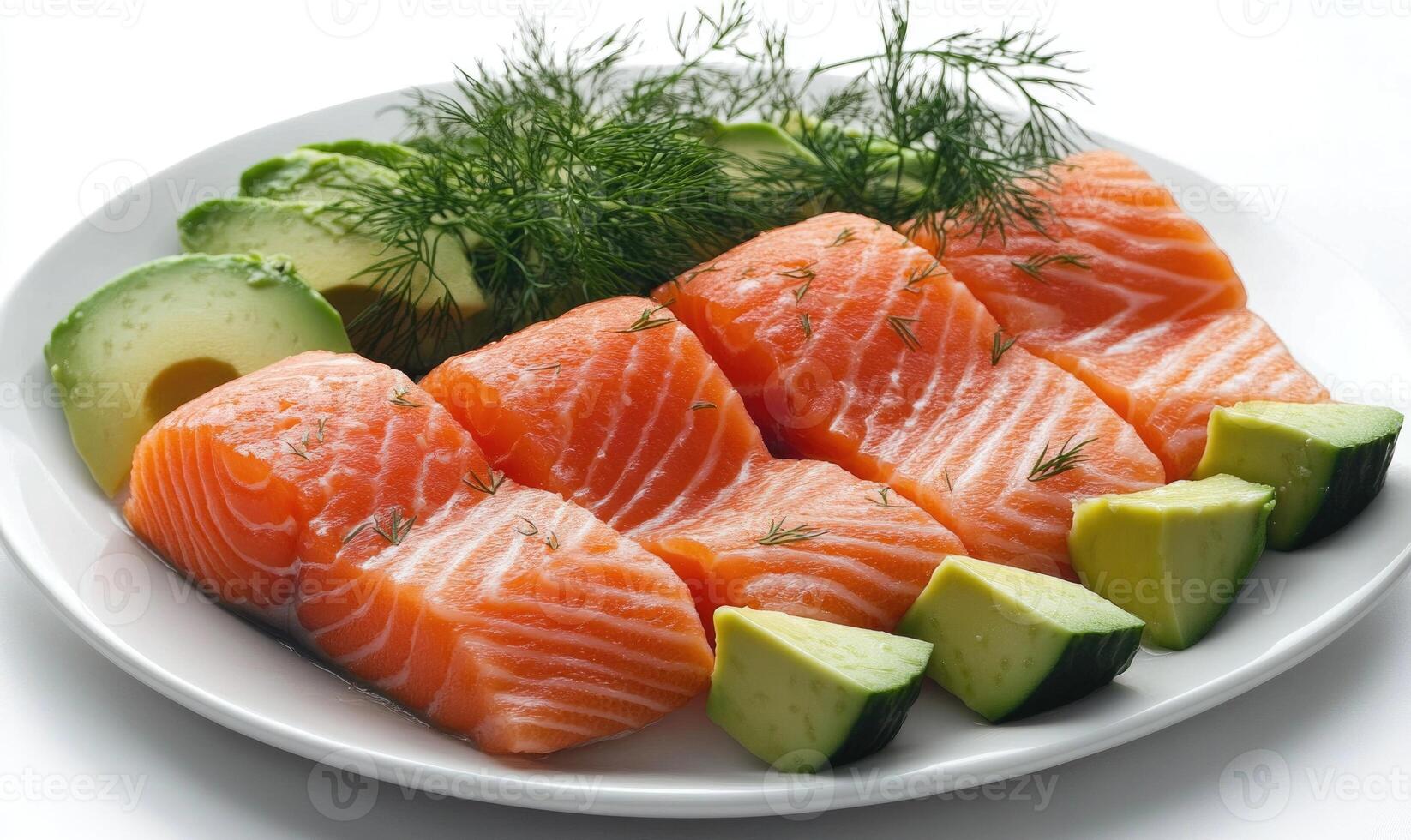 A plate of salmon and cucumber slices photo