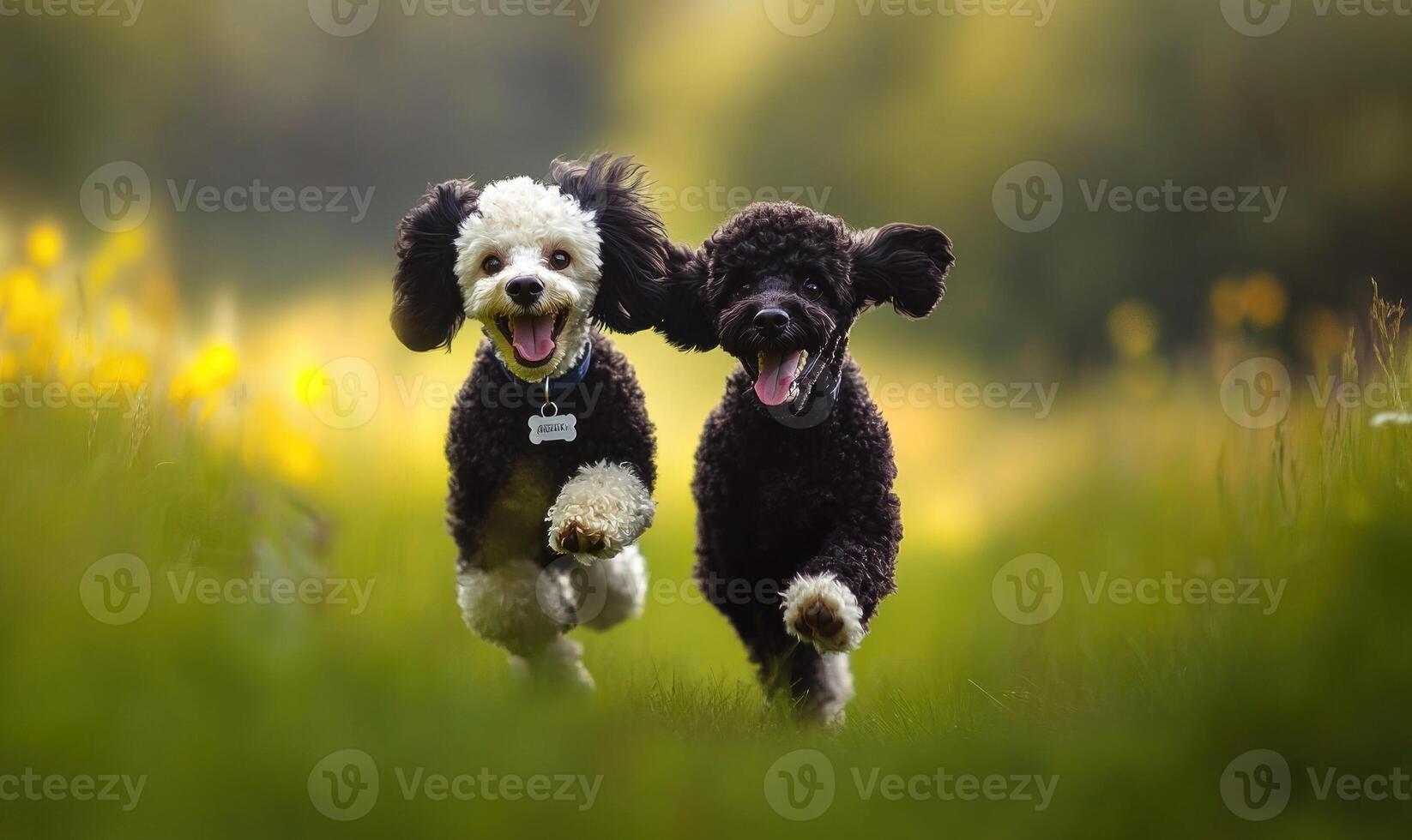 Two dogs running in a field photo