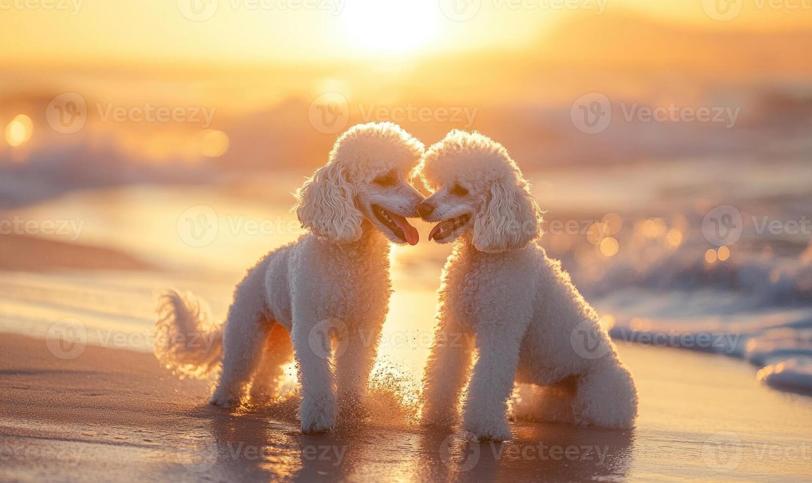 Two white poodles are on the beach, one on the left and one on the right photo