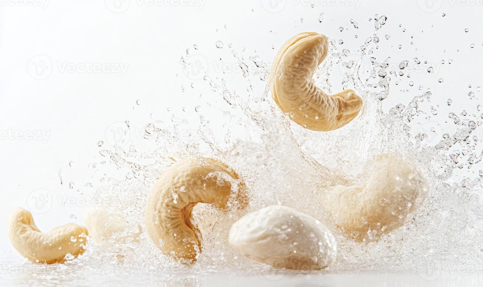 A bunch of cashews are falling into a pool of water photo