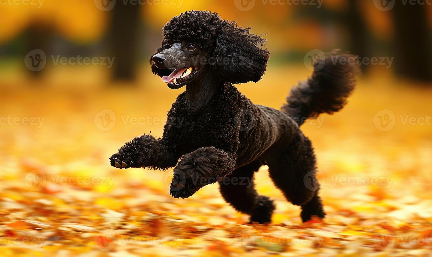A black poodle is running through the leaves photo