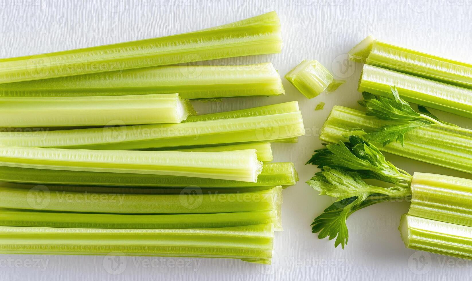 A bunch of celery and parsley are on a white counter photo