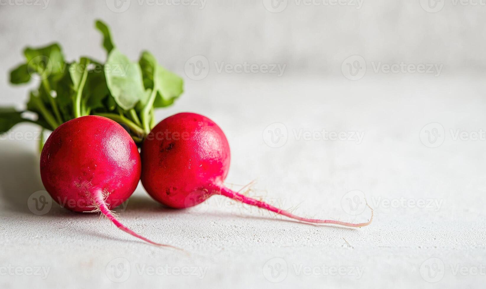 Two radishes with green leaves on top photo