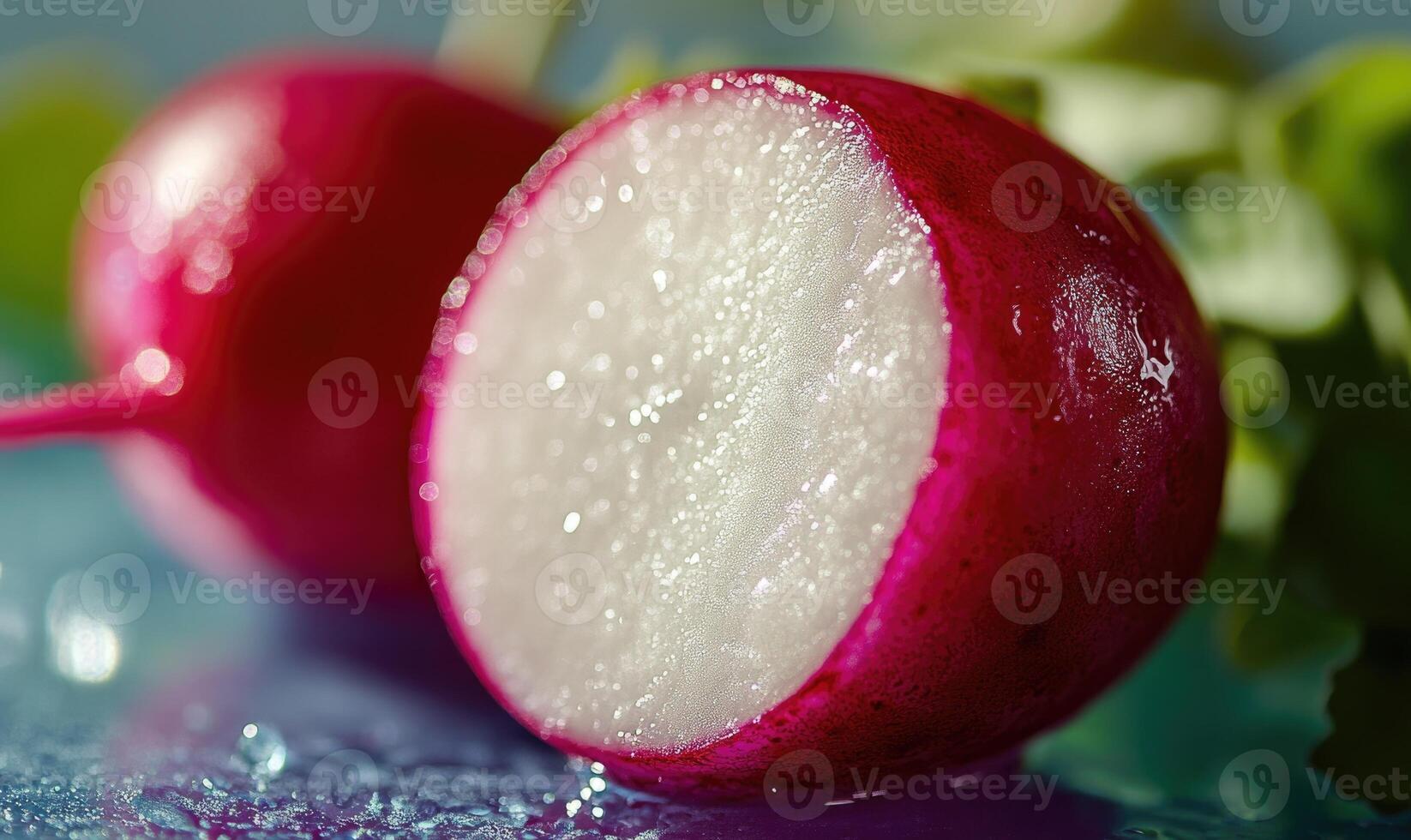 A radish is cut in half and the inside is white photo