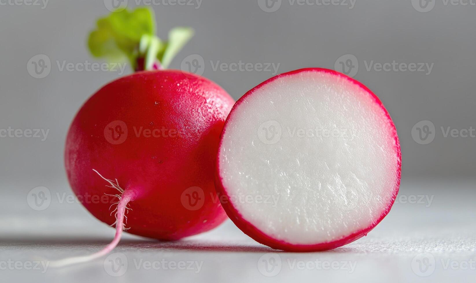 A red and white radish with a green leaf on top photo
