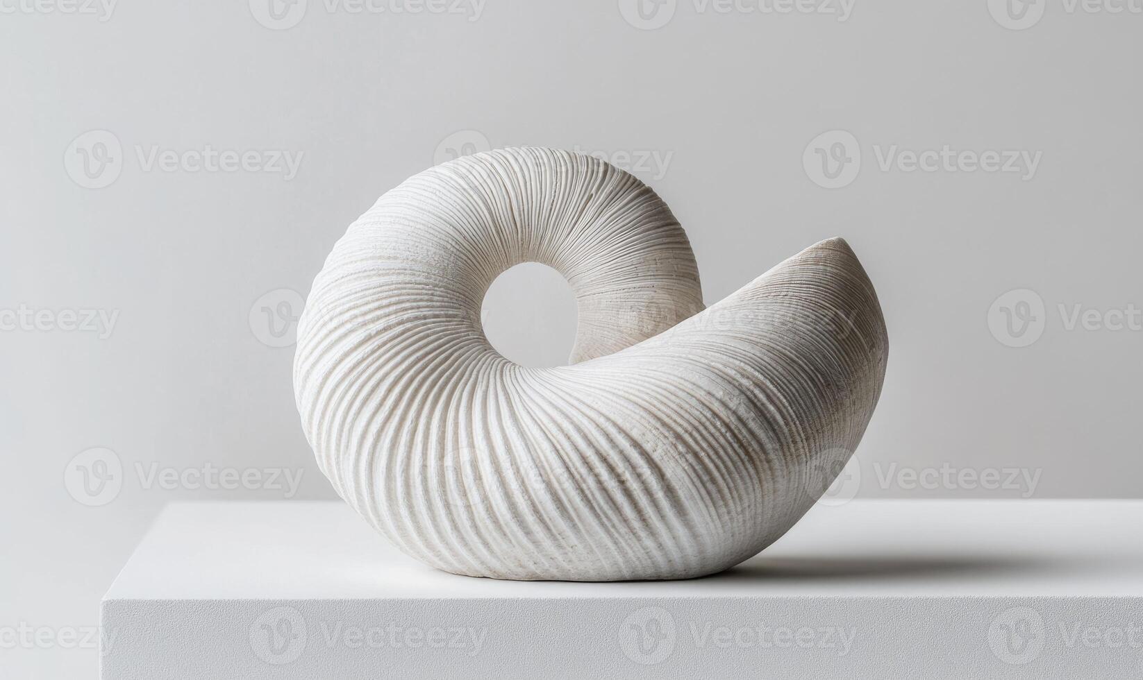 A white sculpture of a shell is sitting on a white surface photo