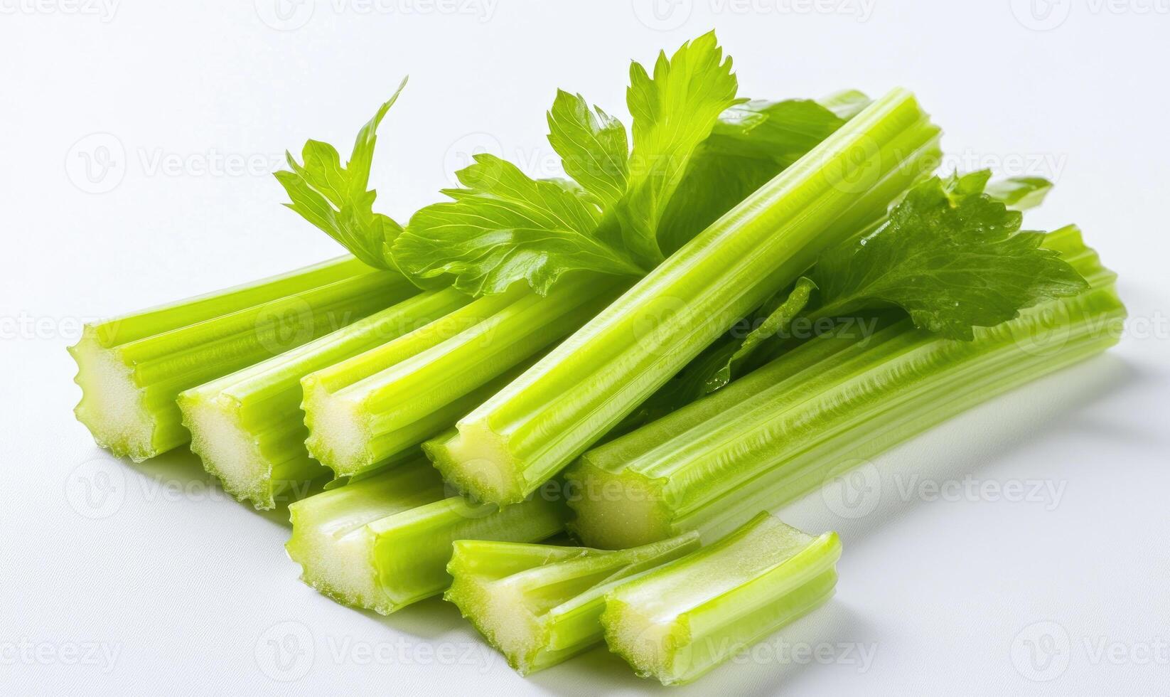 A bunch of celery stalks are cut in half photo