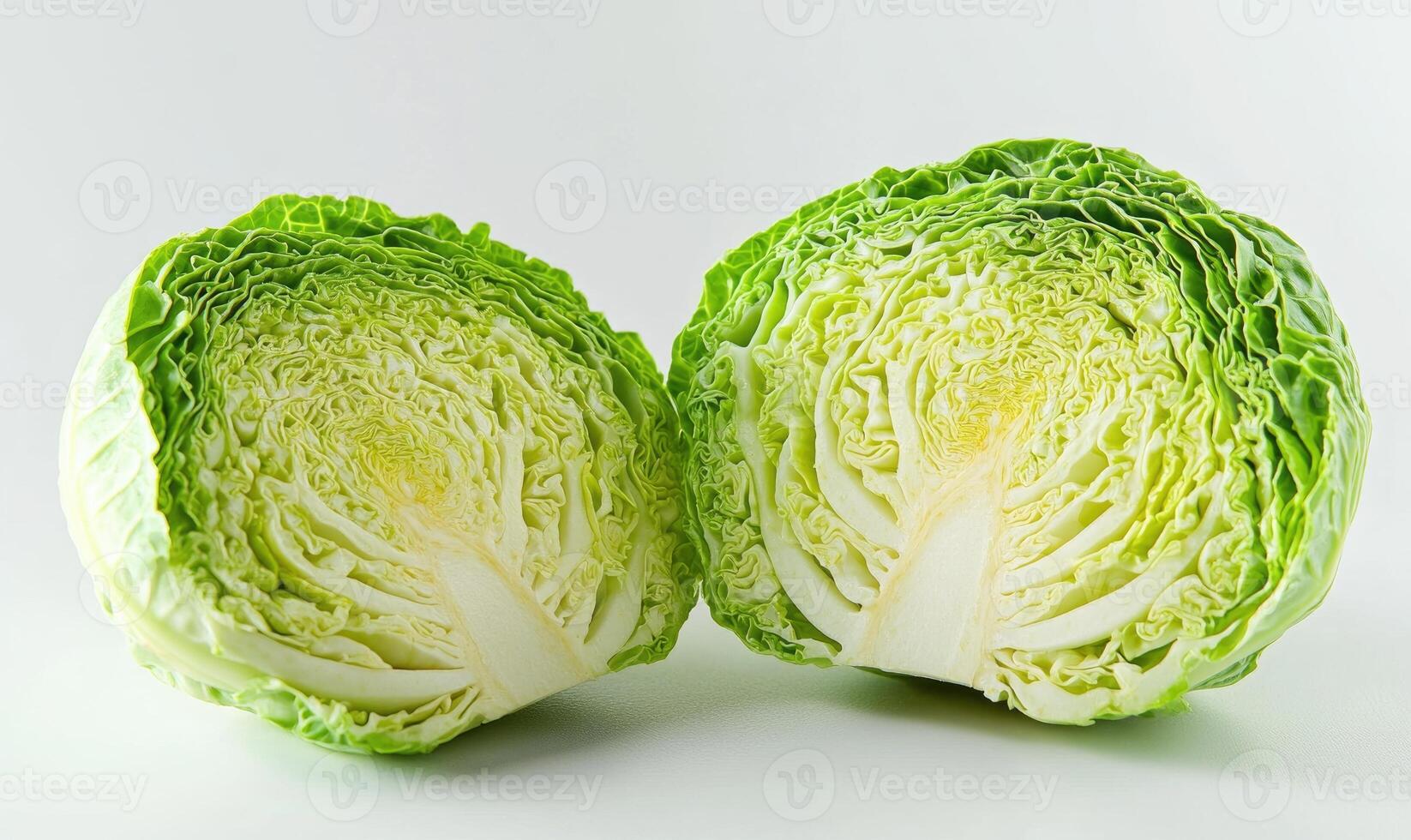 A large green leaf of cabbage is cut in half photo