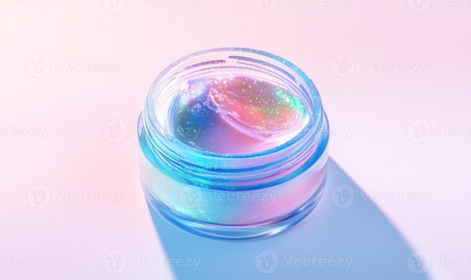 A jar of colorful makeup with a blue lid photo