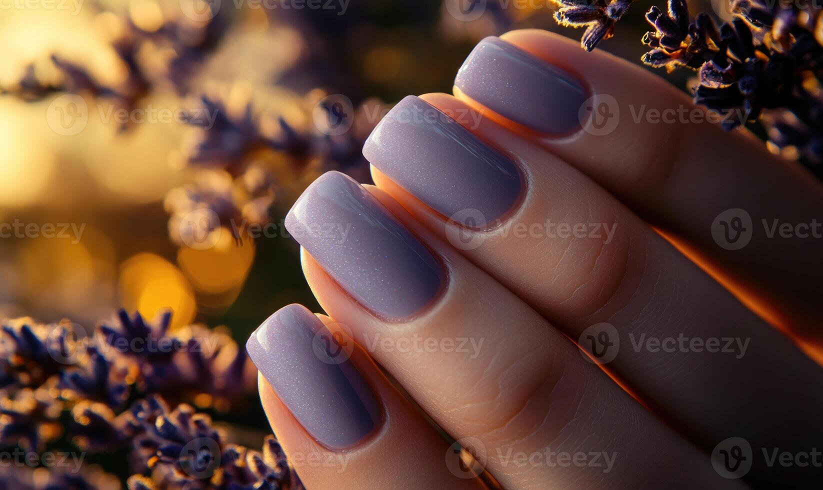 A hand with purple nails is holding a bunch of purple flowers photo