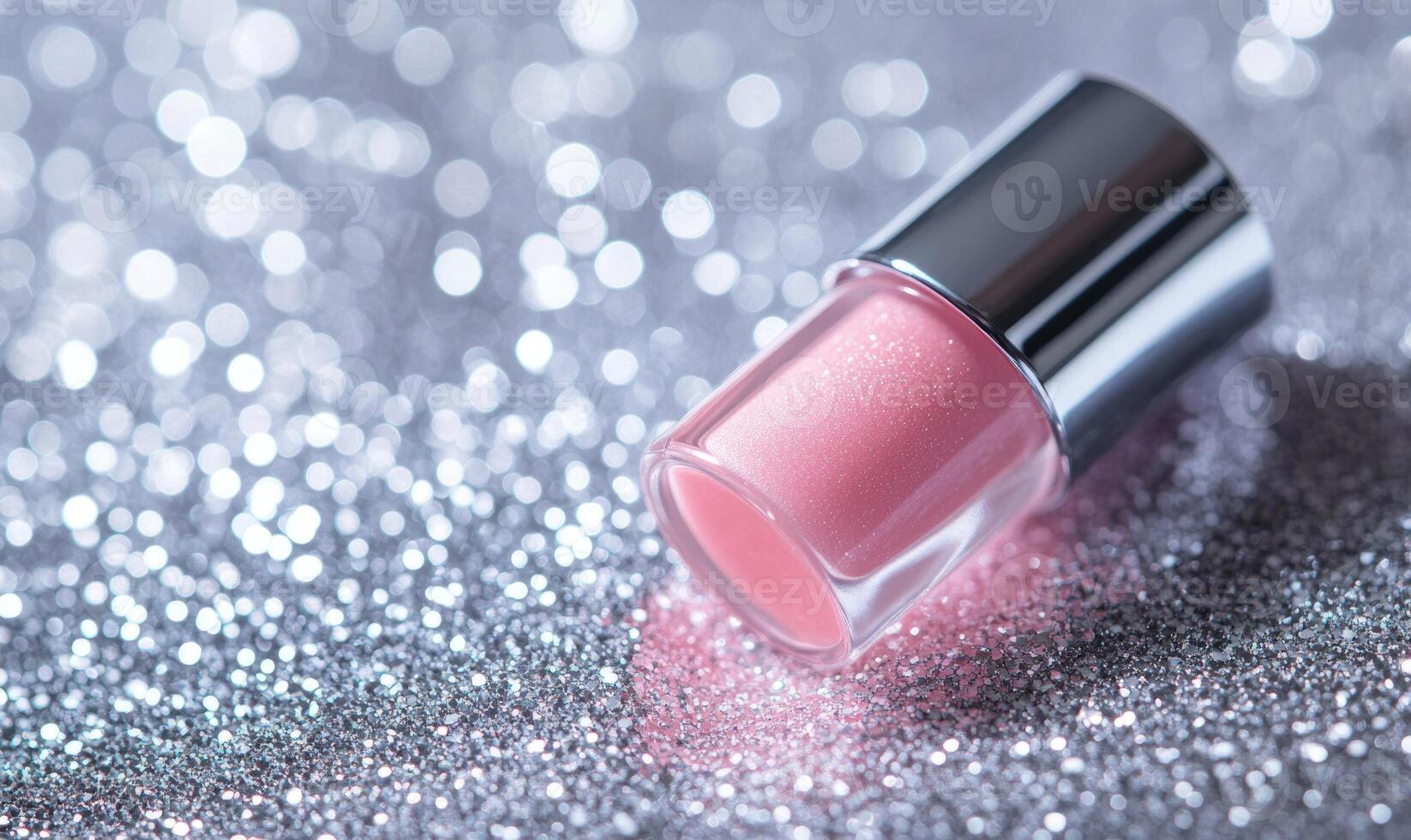 A bottle of nail polish is sitting on a shiny surface photo