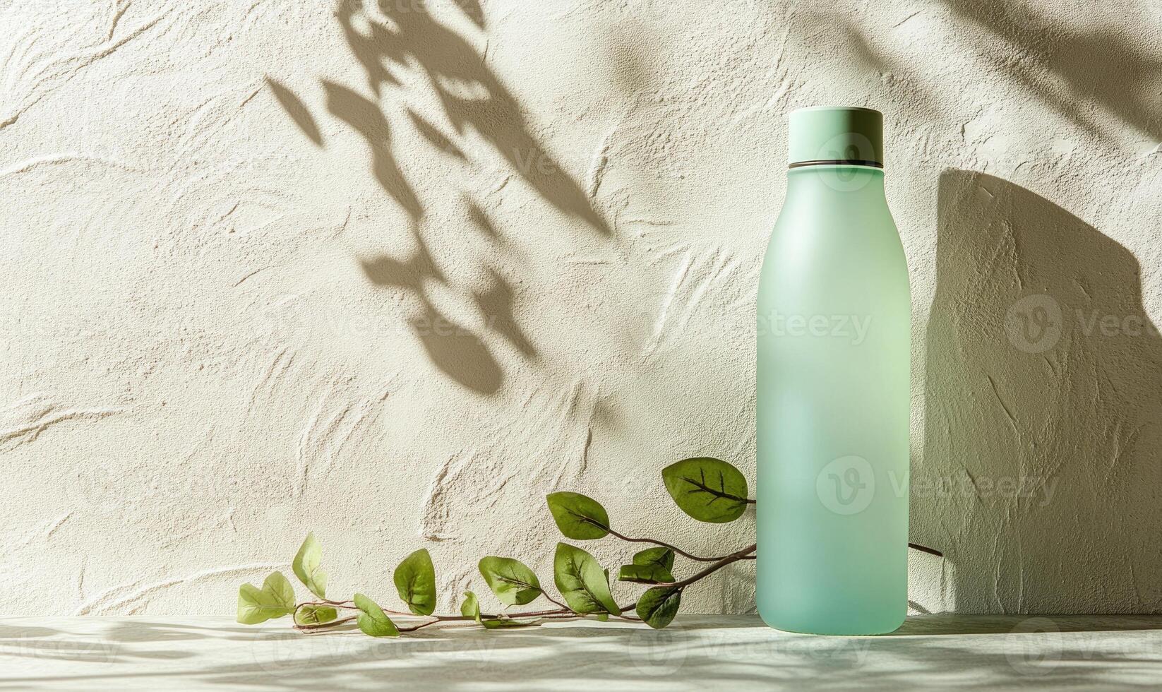 A green bottle of water is sitting on a table next to a leaf photo