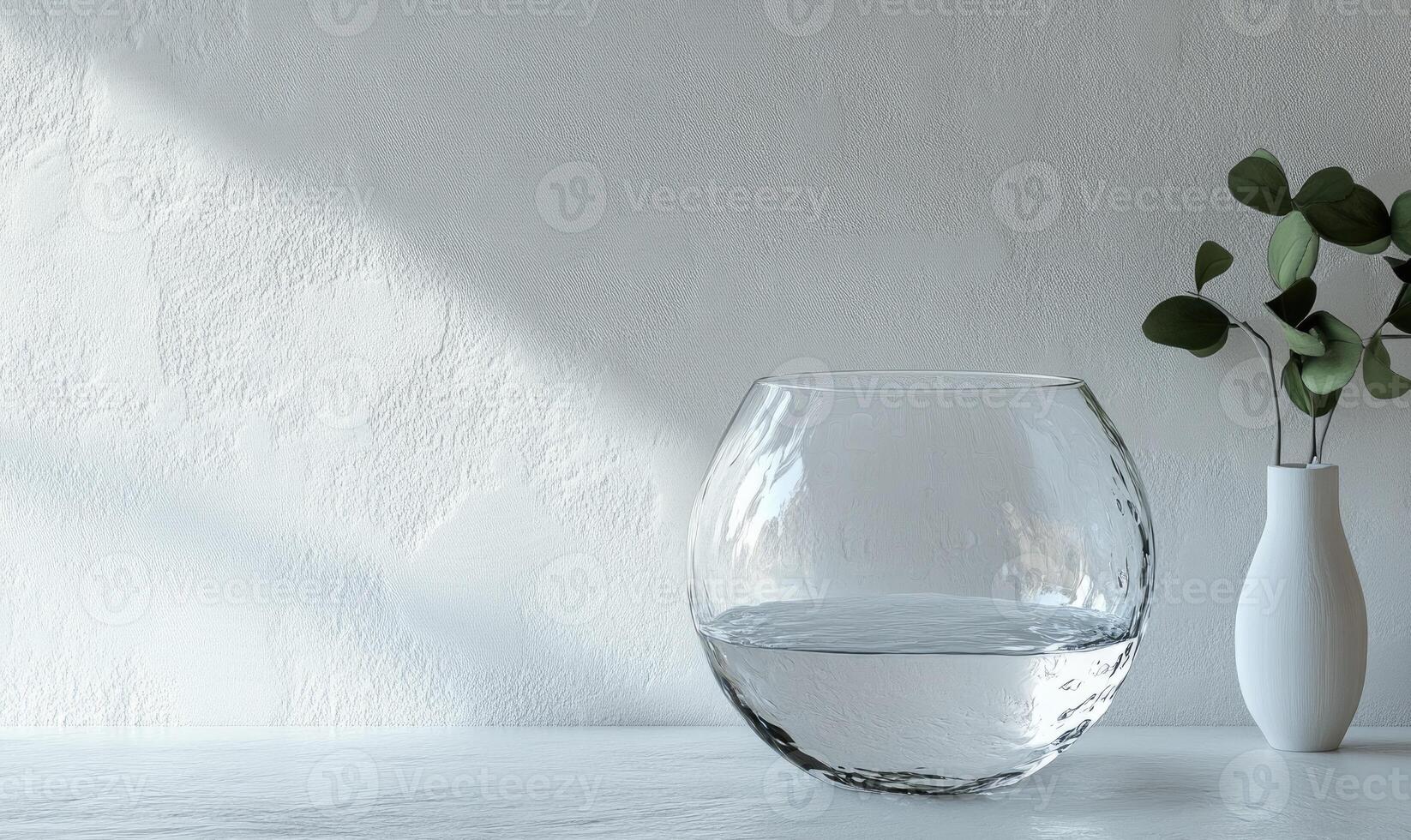 A clear glass vase with water in it sits on a table photo