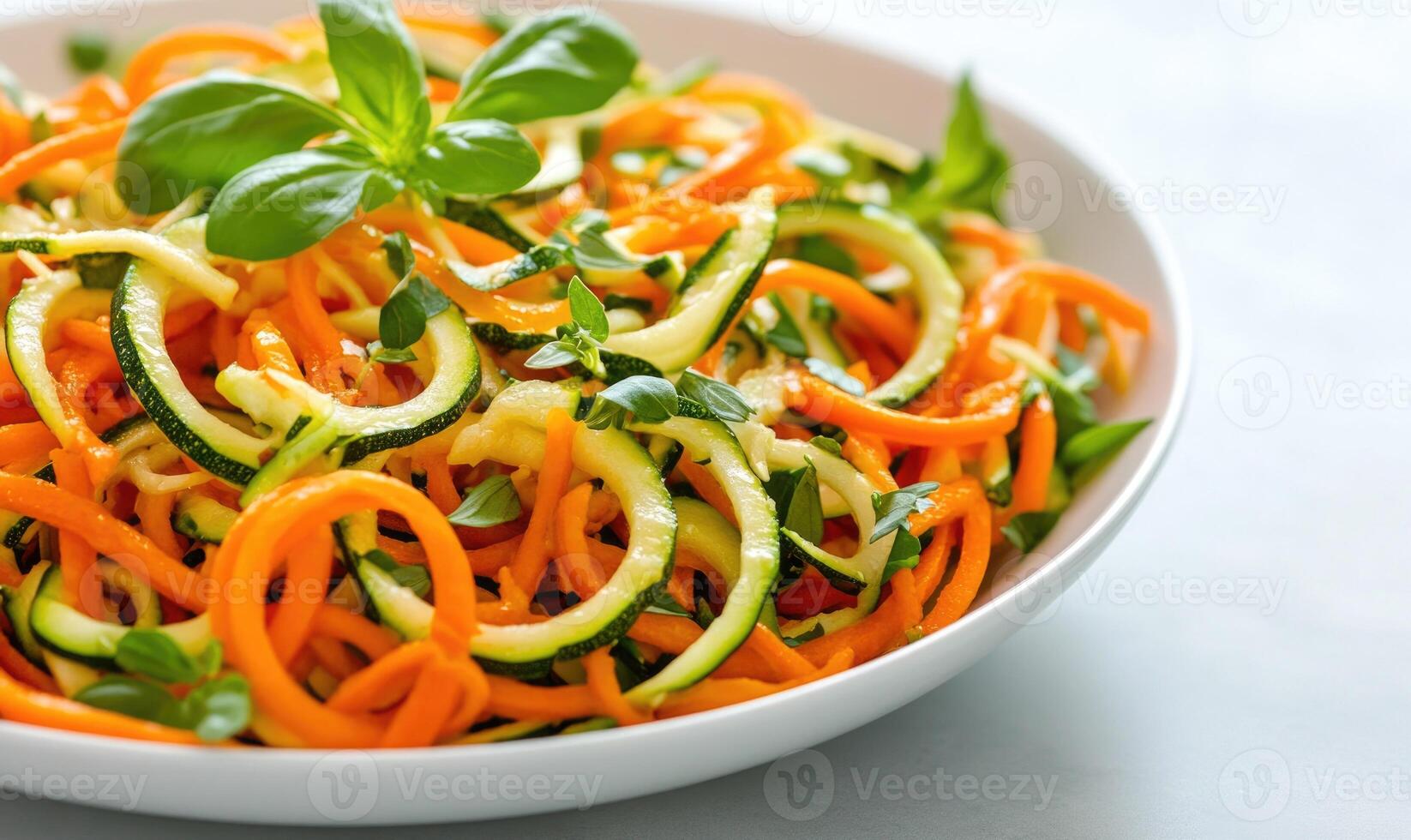 A white plate with a green leaf on top of a dish of zucchini photo