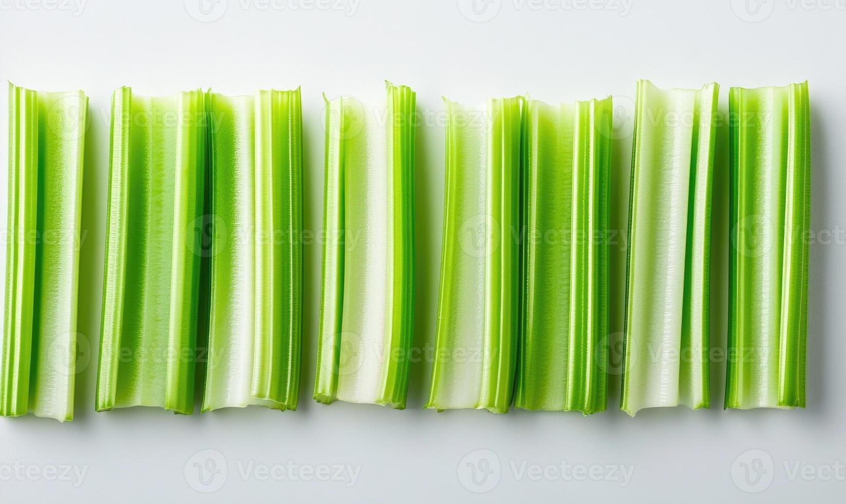 A row of celery sticks are lined up on a white surface photo