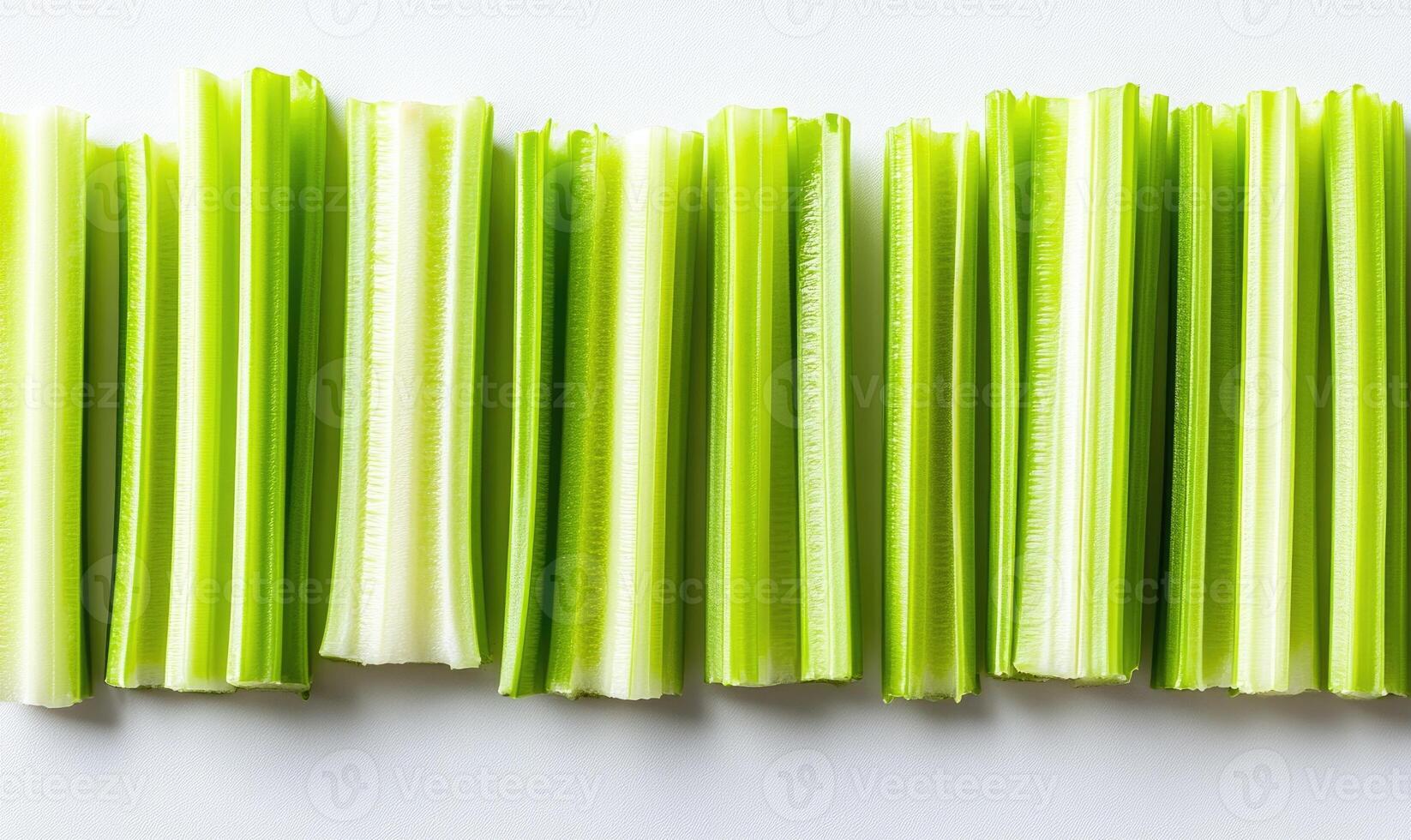 A row of celery sticks are lined up on a white background photo