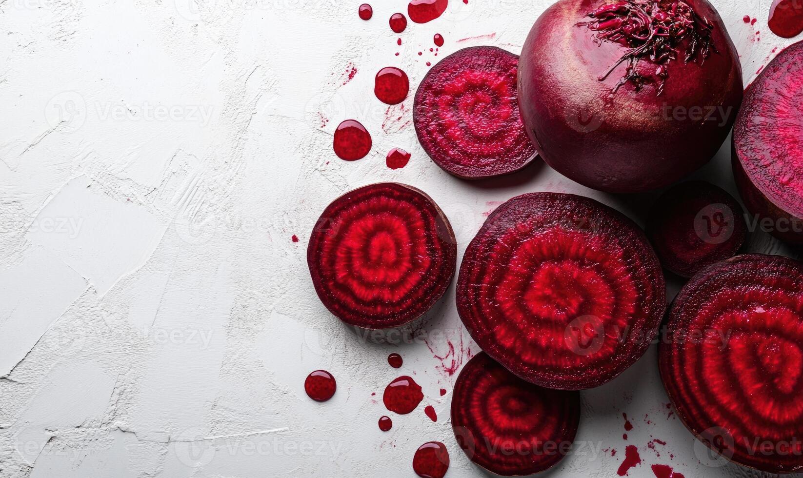 A bunch of red beets with some juice on the table photo