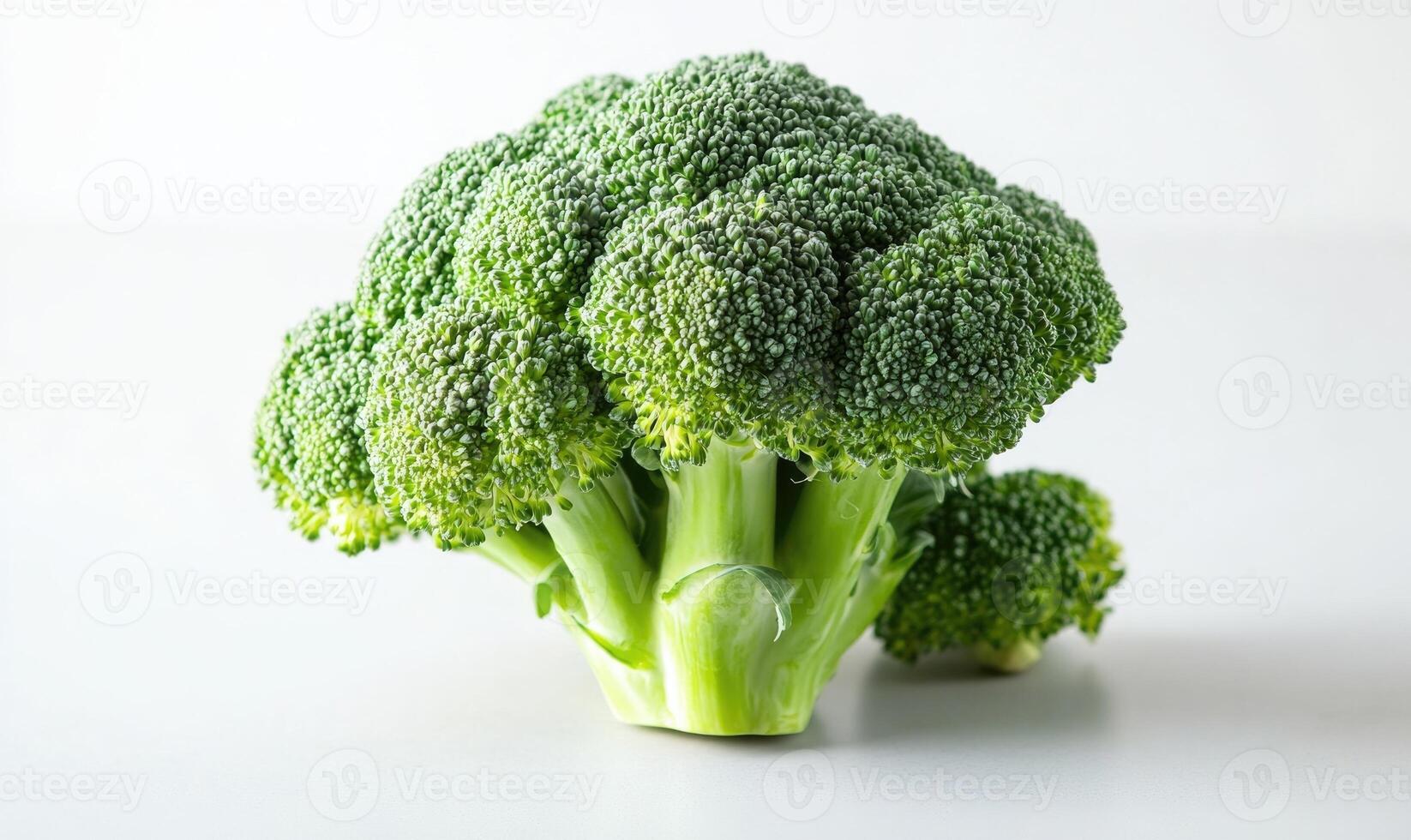 A large green broccoli head sits on a white counter photo
