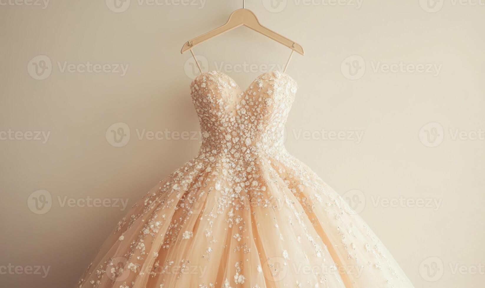 A white dress with a lot of sparkles hanging on a hanger photo