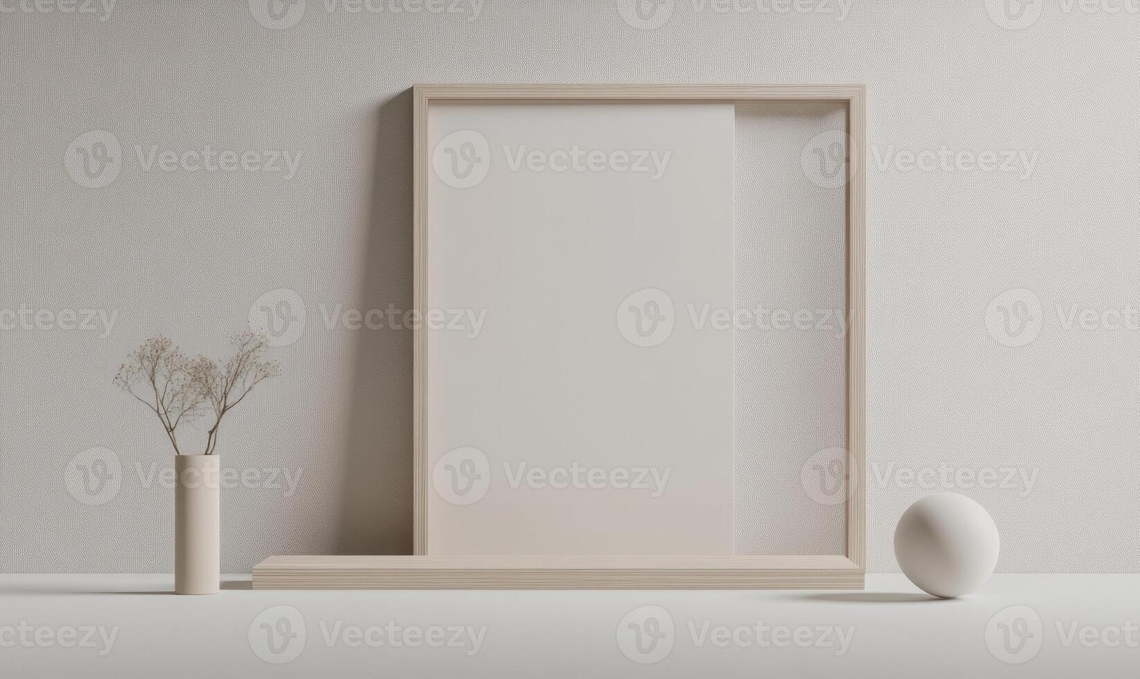 A white framed picture sits on a shelf next to a vase and a ball photo