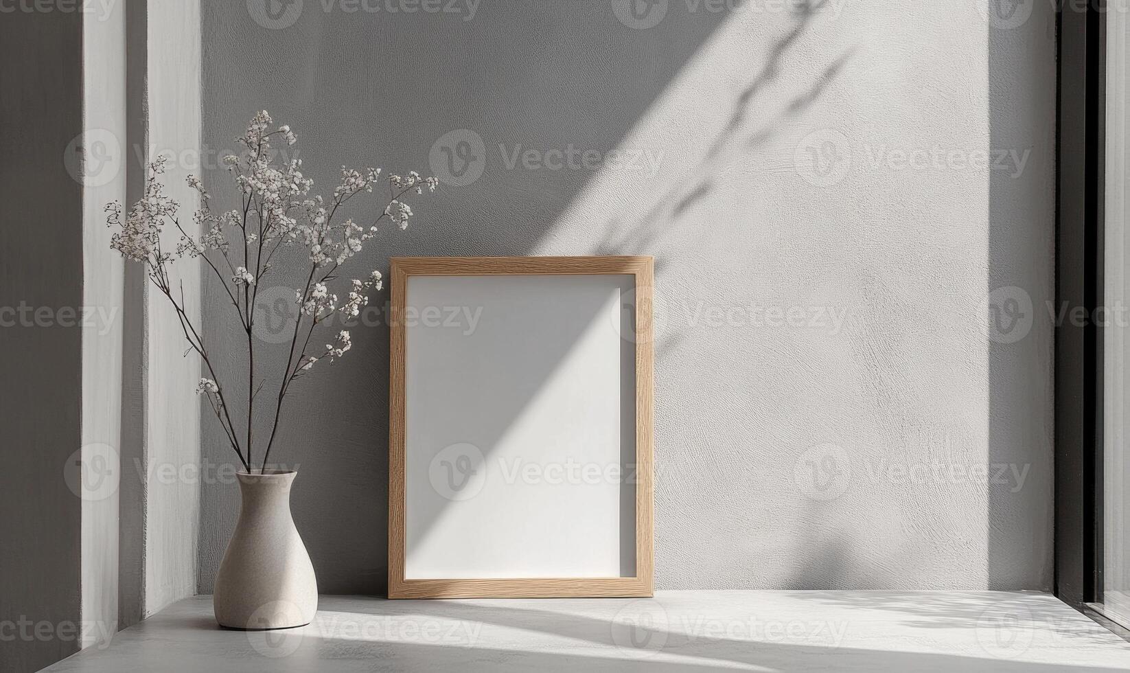 A white frame with a white background sits on a table photo