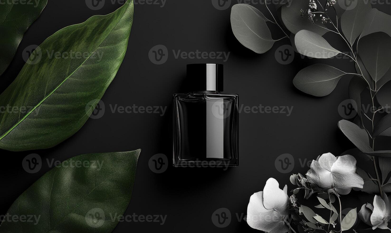 A bottle of perfume is on a table next to some leaves photo