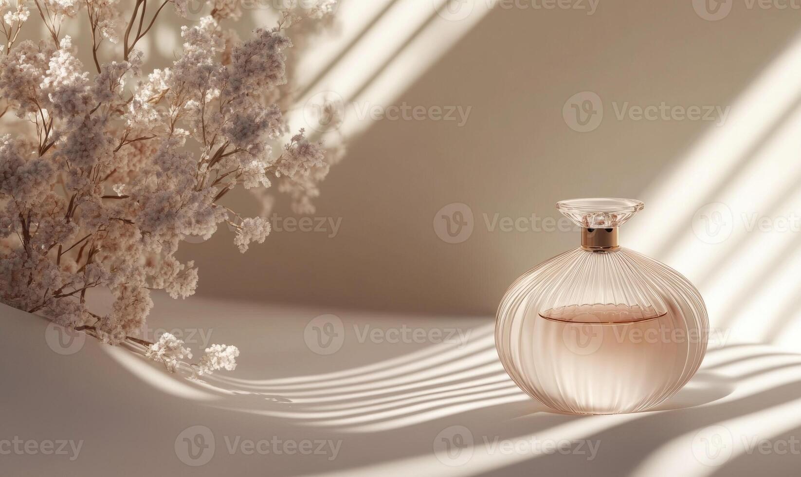 A bottle of perfume is sitting on a table next to a bunch of flowers photo