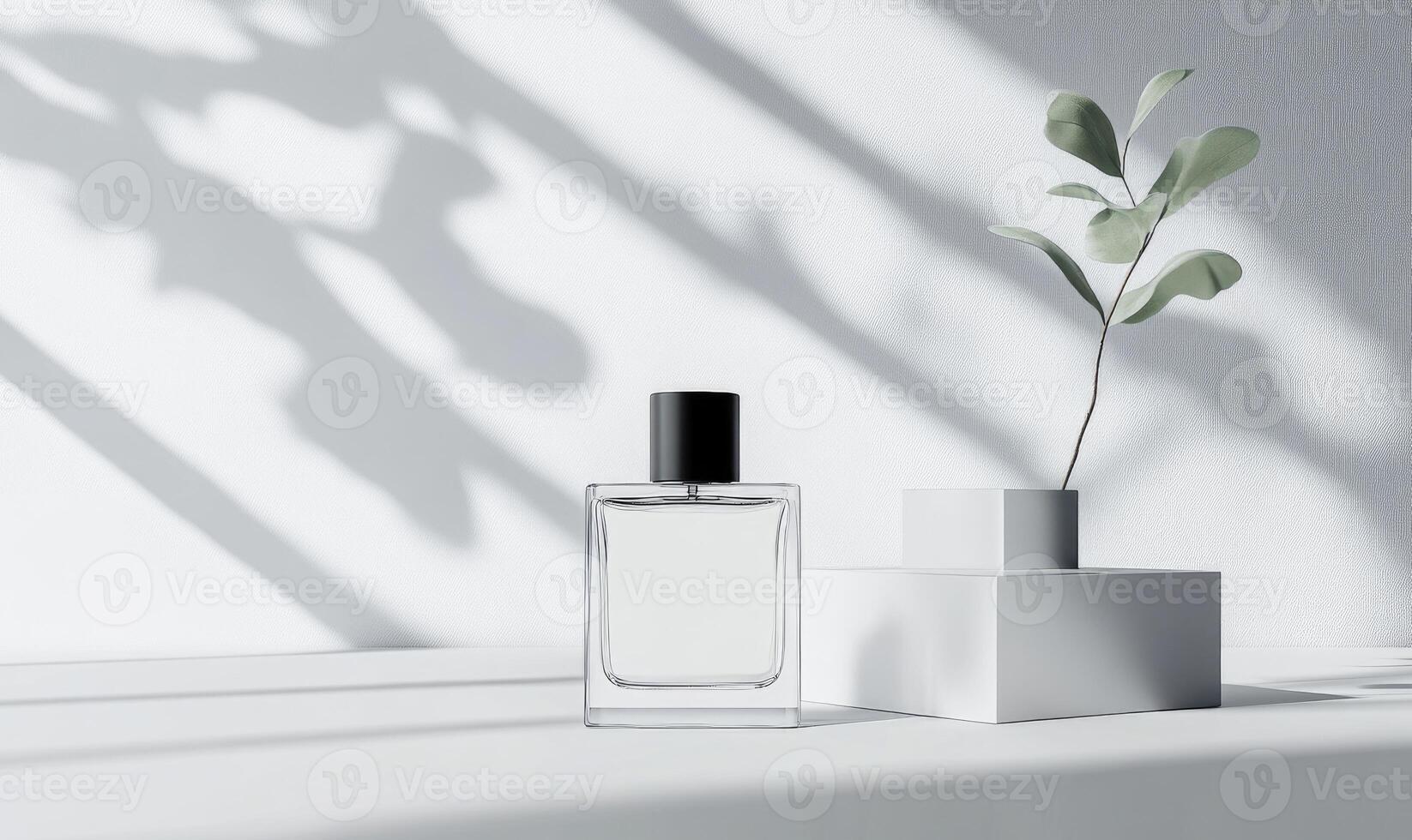 A bottle of cologne is on a table next to a plant photo