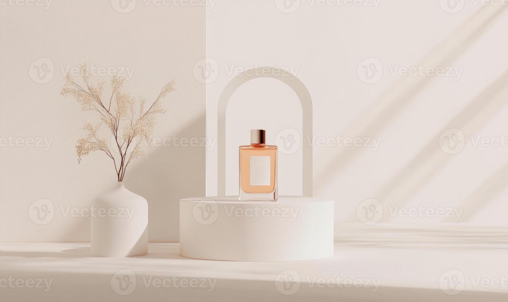 A bottle of perfume is on a pedestal in front of a vase photo