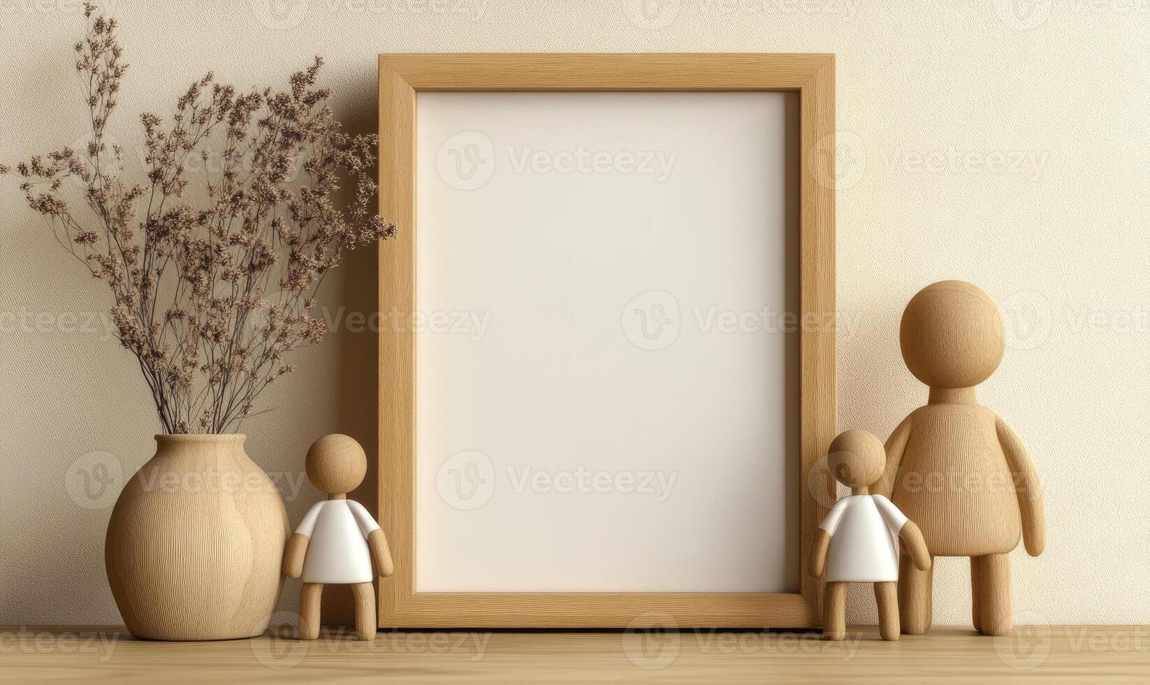 A white frame with a vase and two small figures photo