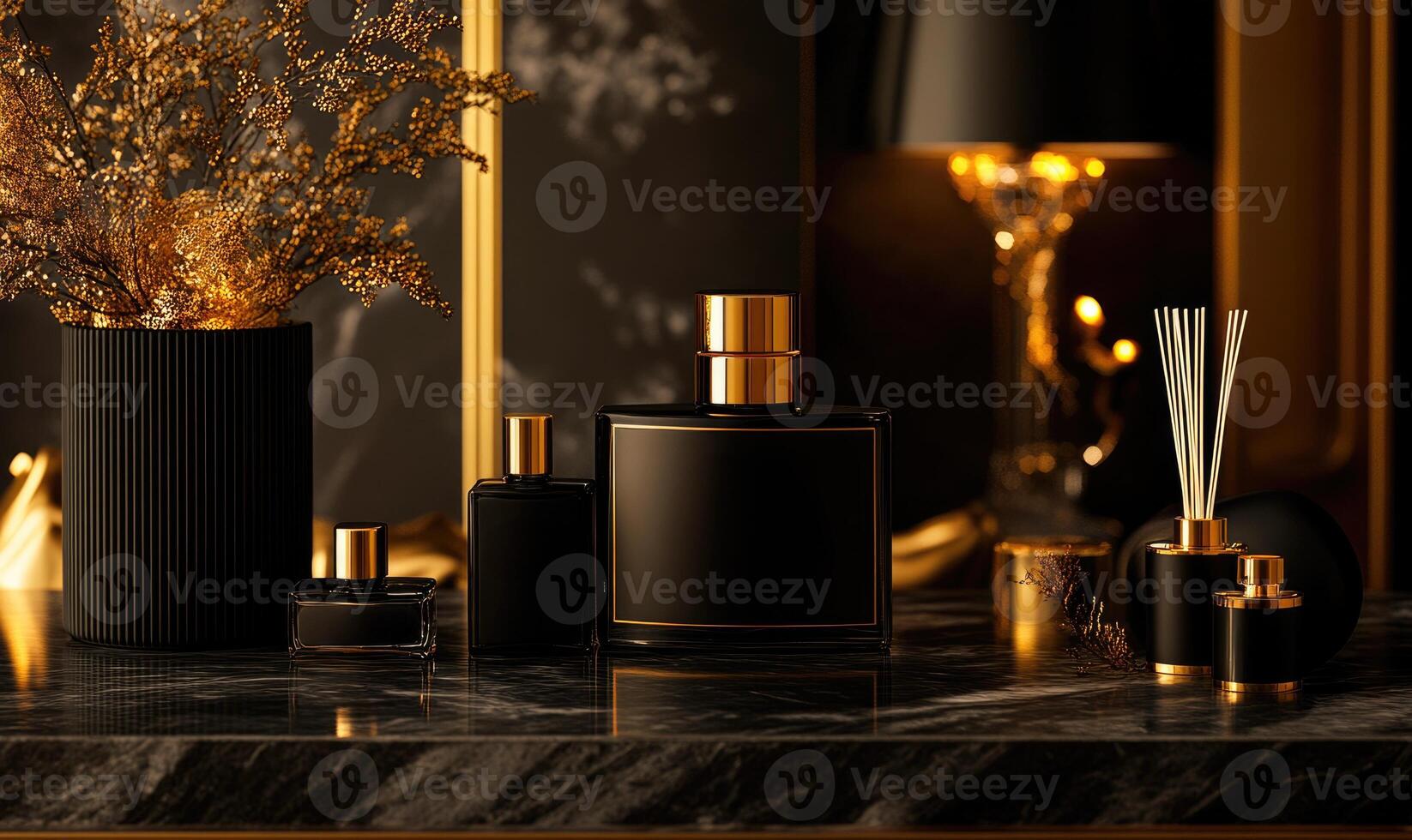 A table with a black vase and several bottles of perfume photo