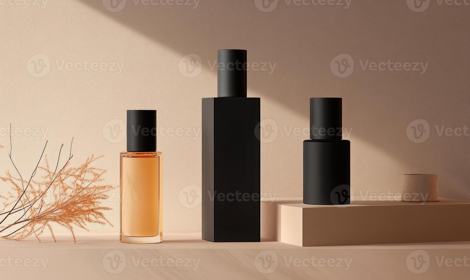 Three bottles of perfume are on a shelf photo