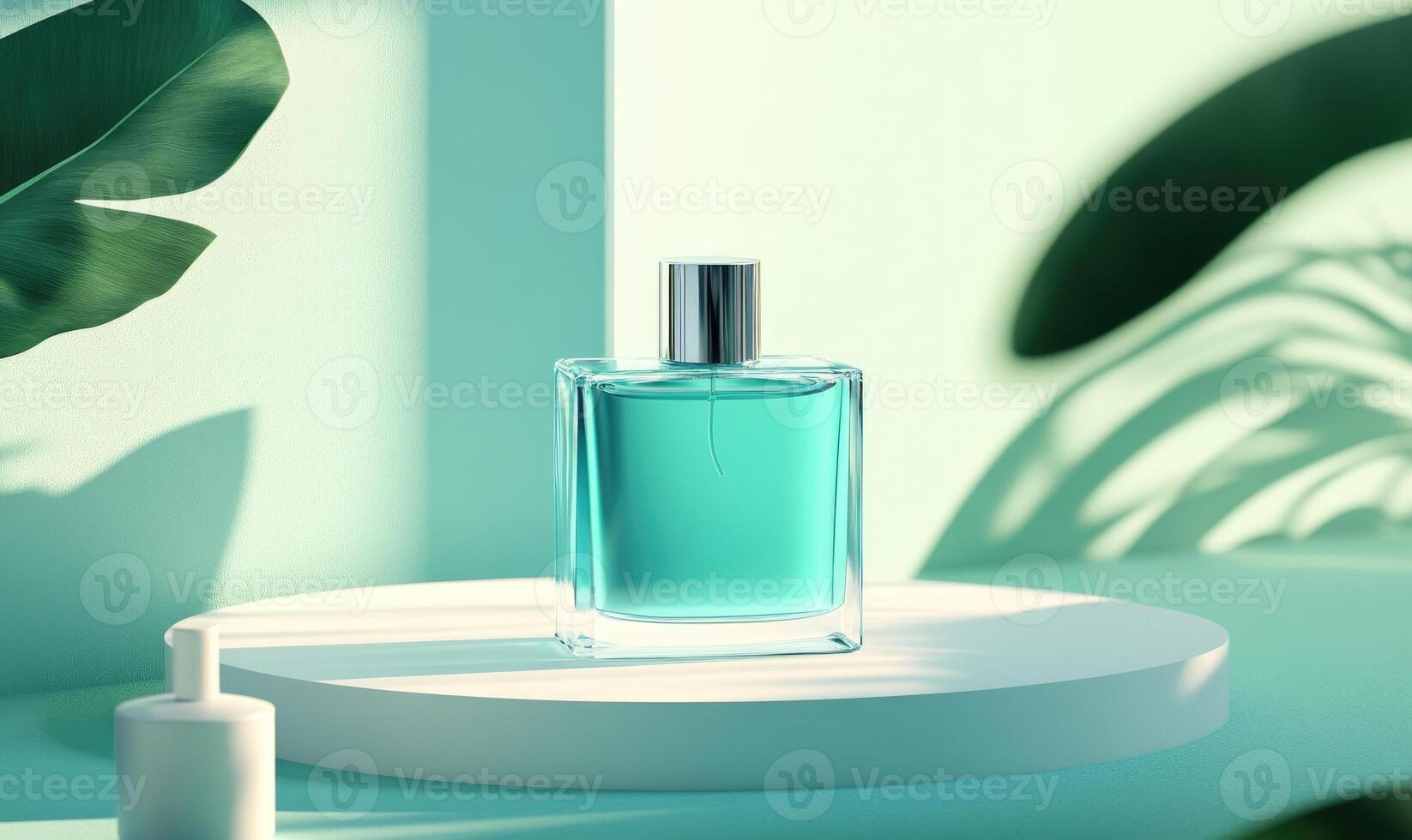 A bottle of cologne is on a white pedestal photo