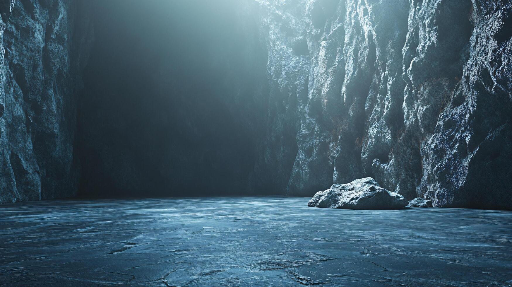 A large, empty cave with a rock in the middle photo