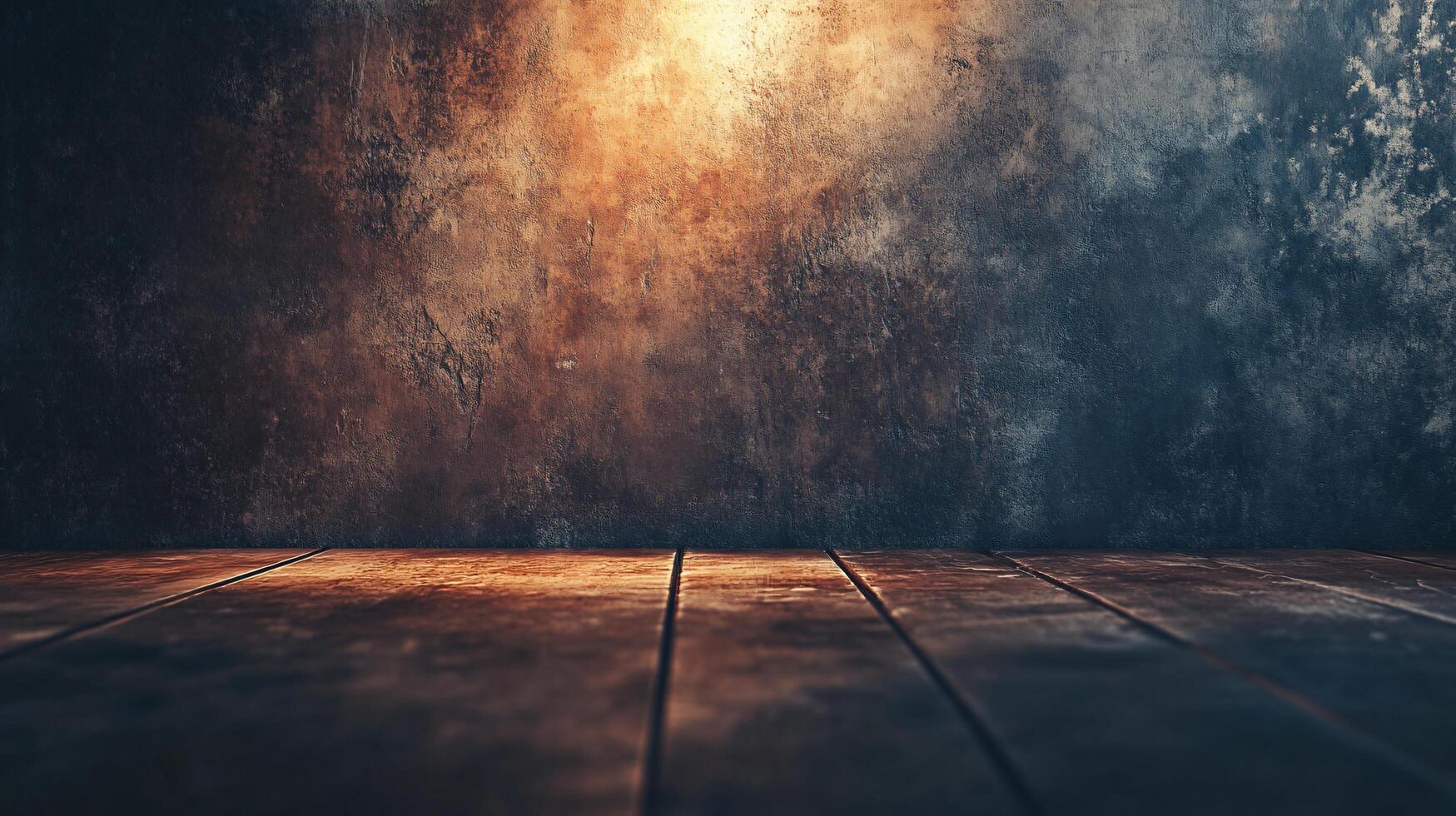 A dark room with a wooden floor and a wall with a lot of cracks photo
